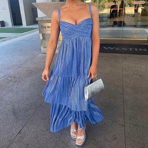 Sabina Musayev blue metallic tiered maxi dress